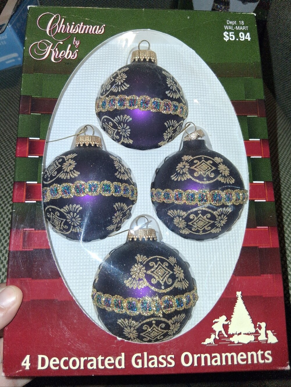 Christmas by Krebs 4-Pack Glass Round Baubles Purple/Gold Decorated Hanging